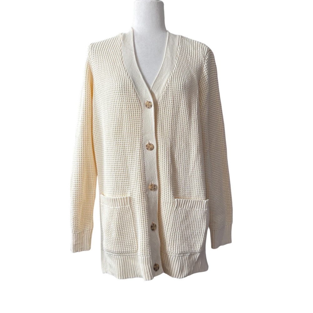 Duluth Trading Co Womens Heritage Waffle Stitch Cardigan‎ Cream Putty Large NWT